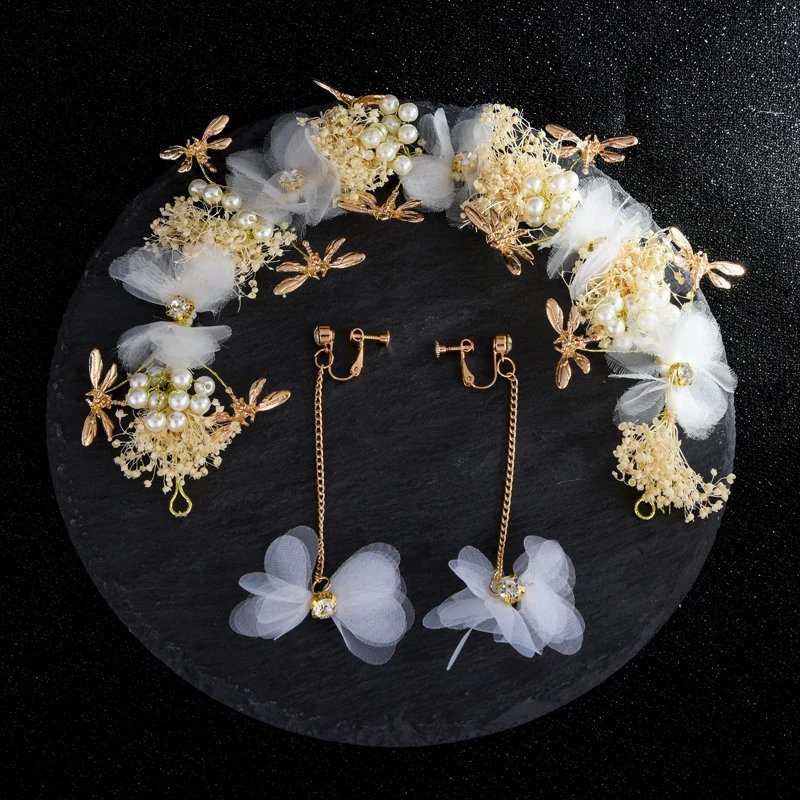 Белый/розовый пряжа цветы кристалл жемчуг Невесты Свадебный ободок с висячим