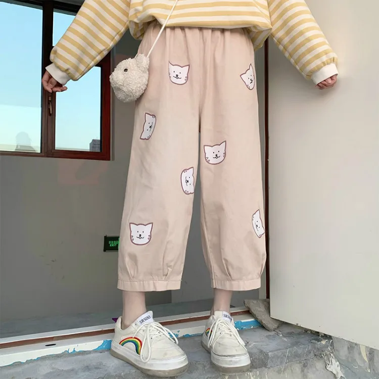 

2 Colors New Harajuku Cartoon Women Pants Casual College Style Pants Female Cute Printed Cat Wide Leg Pants Mujer
