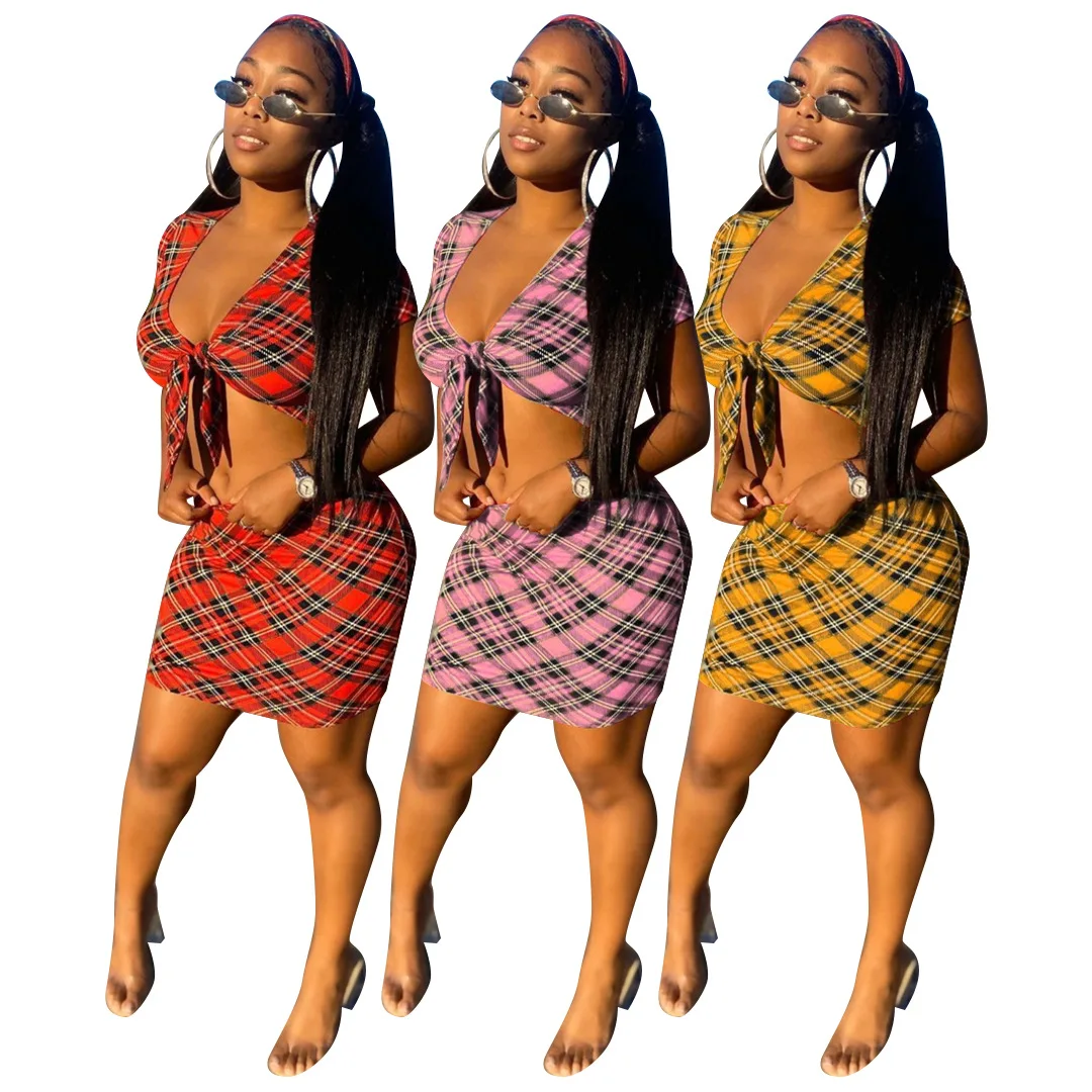 

Oluolin Women Dresses Summer 2021 V-Neck Pullover Crop Top and Skirt 2 Piece Set Plaid Mini Dress Fashion Streetwear Outfit