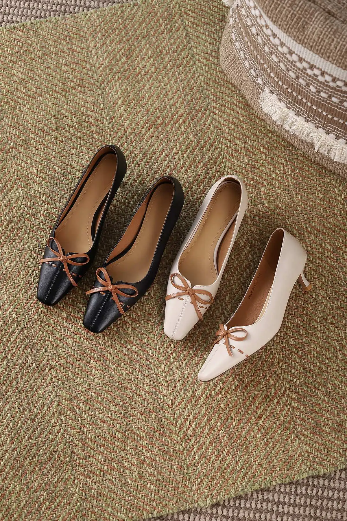 

Krazing pot french romantic full grain leather mixed colors butterfly-knot square toe thin med heel slip on superstar pumps L31