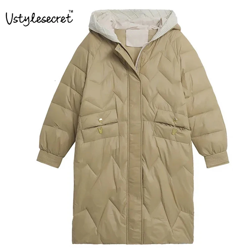 

Пуховик женский на белом утином пуху, Повседневная Длинная свободная куртка с капюшоном, Зимняя парка для женщин 2021, U11119