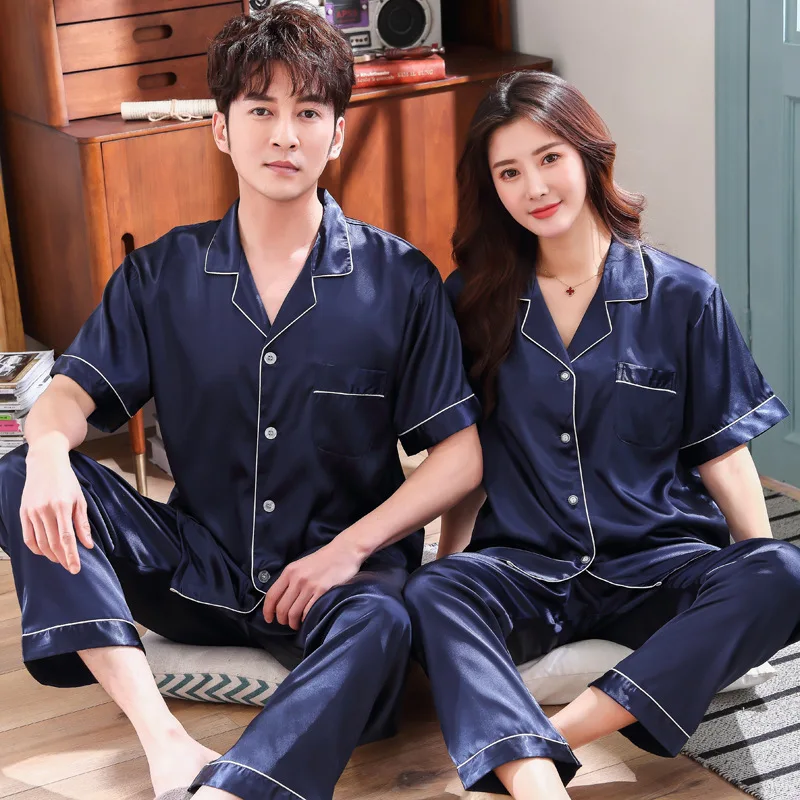 

Couple Summer Pajamas Set Satin Sleep Set Silky Pajamas Suit Men&Women 2PCS Sleepwear Lovers' Pyjamas Suit Casual Home Wear