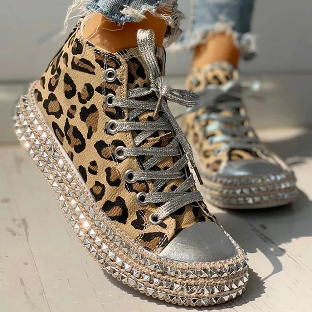 

High Top Fashion Canvas Shoes Women Spring Autumn Rivet Leopard Shoe Diamond Casual Shoes Dropshipping Fulfillment Drop Ship