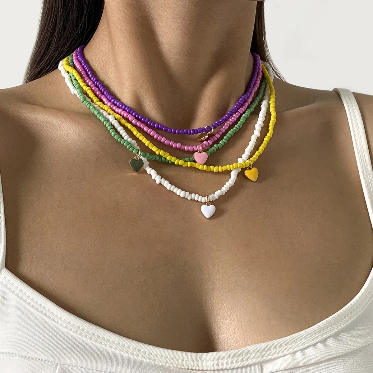 

SHIXIN Bohemia Colorful Small Beads Heart Pendant Necklace for Women Y2K Trendy Beaded Rainbow Choker Necklace Jewelry 2021 Gift
