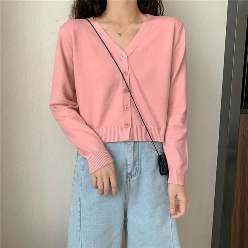 

Pink Cardigan Womens Candy Color Long Sleeve Cropped Sweater Fashion Knitted Womens Clothing Solf V-neck Tops Green wholesale