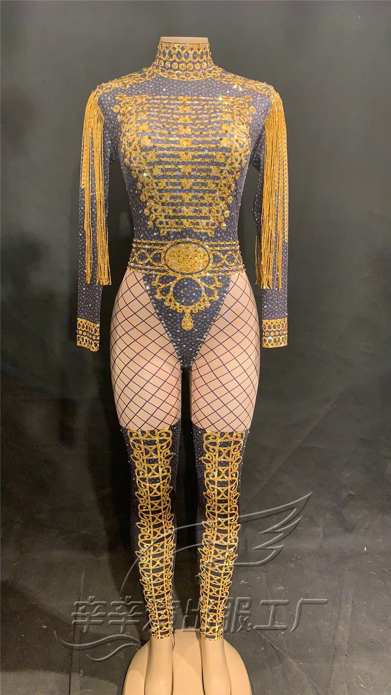 2020 New Women Stretch Leotard Gold Shining Rhinestones Tassels Skinny Jumpsuit Female Singer Costume Jazz Dance Team Stage Wear