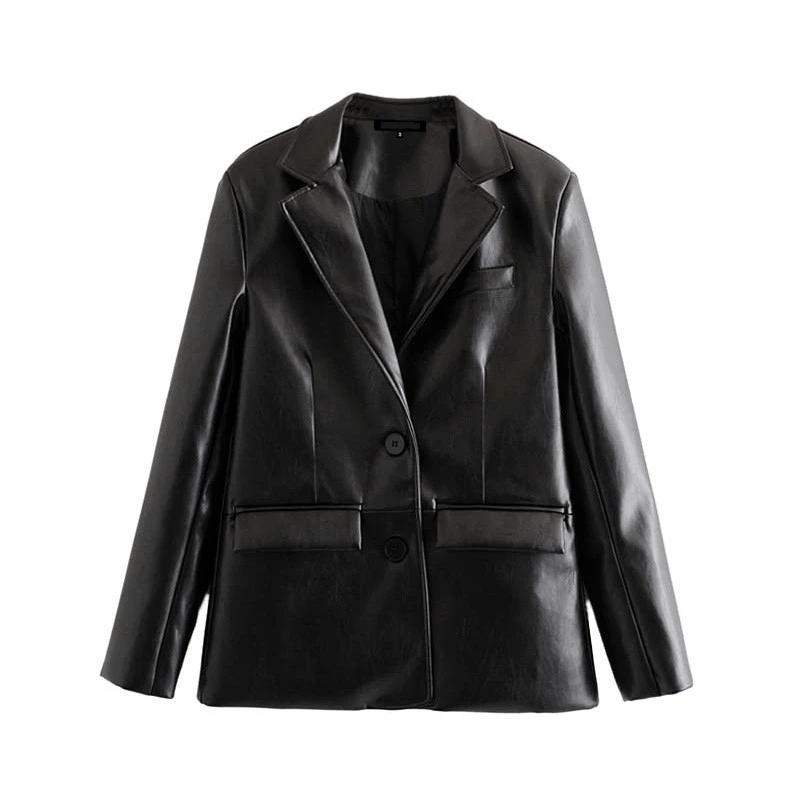 PU Faux Leather Blazer Coat Women Jacket New Vogue Notched Collar Long Sleeve Vintage Female Outerwear Chic Tops Coat Jacket