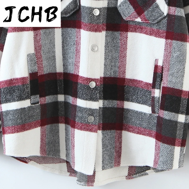 

JCHB Women Casual Plaid Coat Women Batwing Long Sleeve Loose Pocket Jacket Turn Down Collar Lady Tops Outerwear Spring Autumn