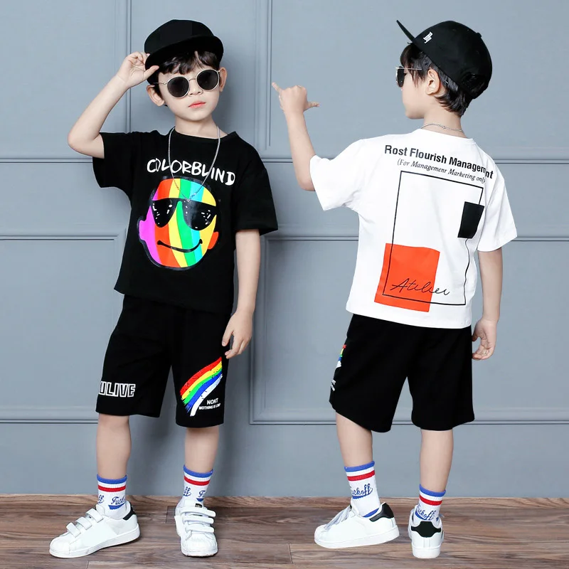 

For 6 8 9 10 12 14 Yrs Children Summer Short Sleeves Costumes Teen Boys Girls HipHop Cotton Cool Clothing Set Outfits Stage Wear