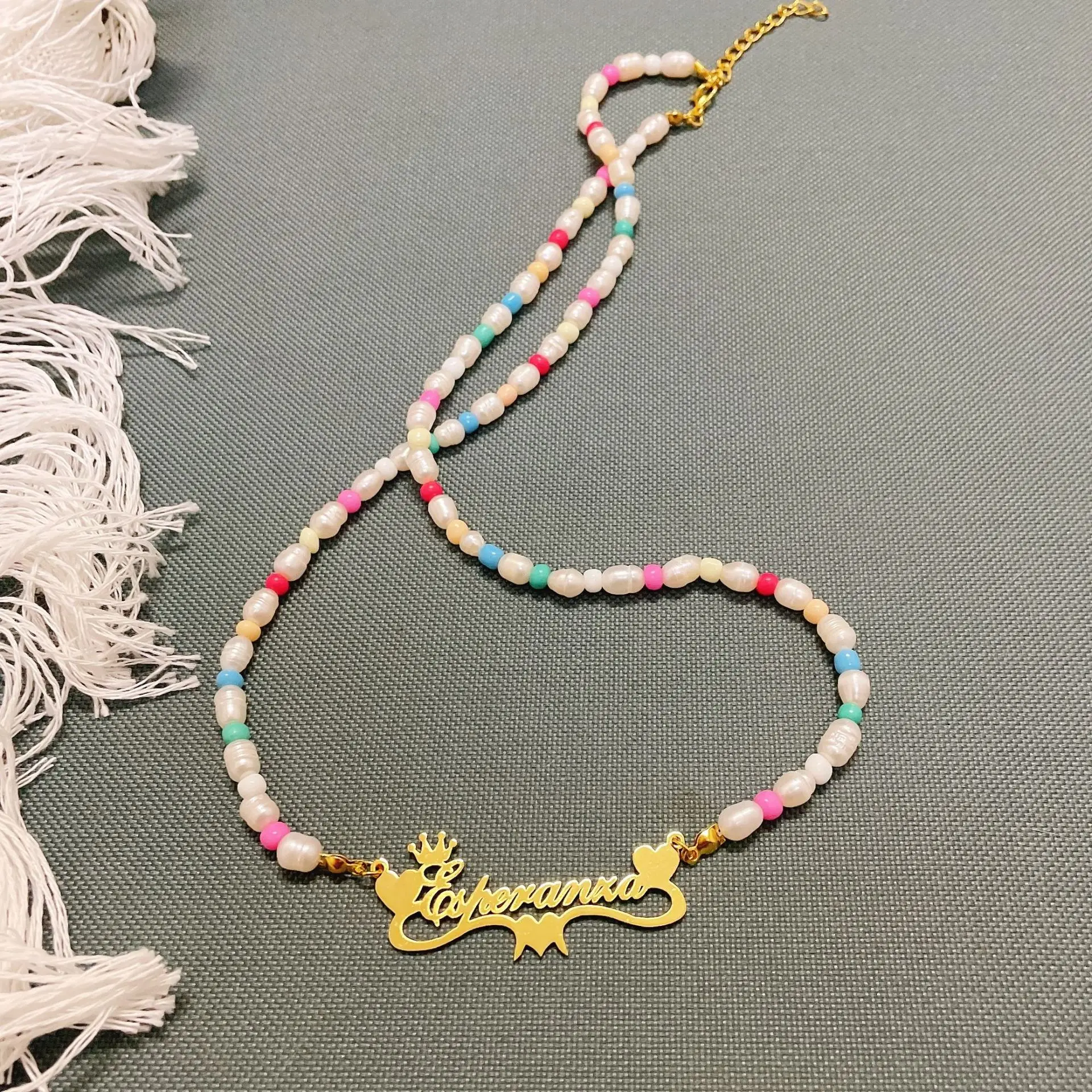 Customized Name Pearl Necklace Personalized Nameplate Necklace DIY Name Pendant Colorful Chain Women Charming Women Jewelry Gift