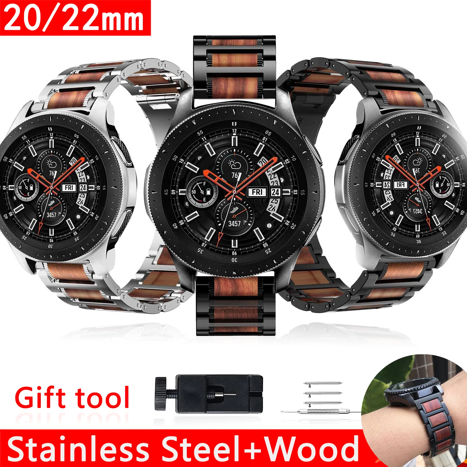 Watchband Stainless Steel Wood for Samsung Watch 3 41mm 45mm Bands 20mm 22mm for Huawei Watch 2 Wristband Quick Release Strap