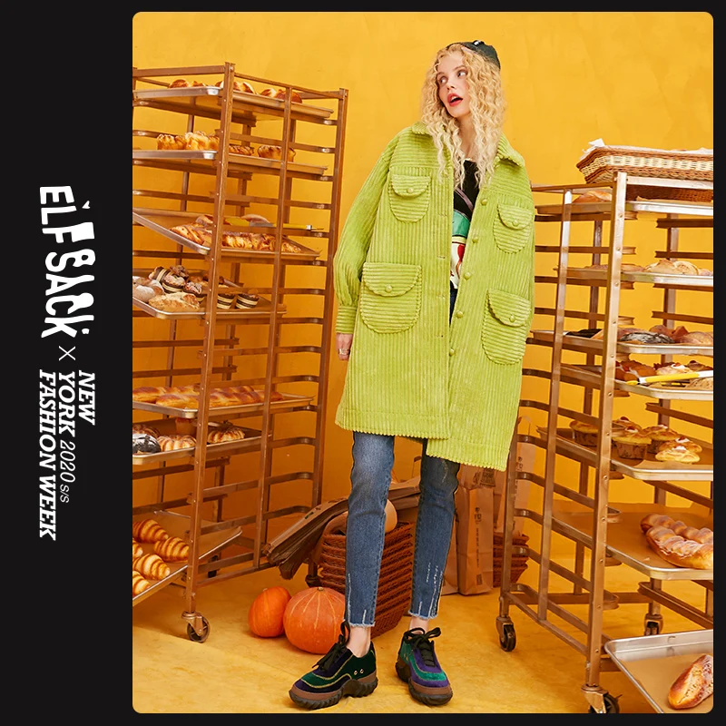 Женский однобортный Тренч ELFSACK зеленый однотонный офисный пиджак с карманами и