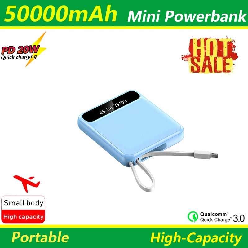 

50000mAh Portable Mini Quick Charger Power Bank Built-in Charging Cable External Battery for Smartphone