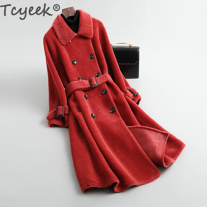 

Tcyeek Thick Warm Winter Jacket for Women Clothes 2020 100% Real Fur Coat + Belt Korean Ladies Sheep Shearing Long Coats KL1908