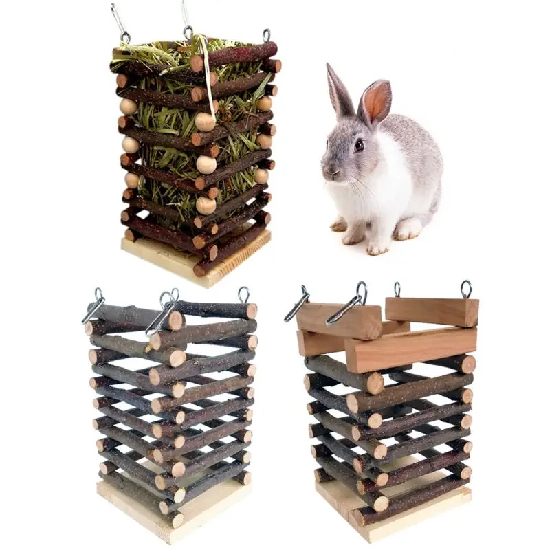 

Wooden Hay Manger Rabbit Feeder Bite Resistant Chew Toy Grass Frame Hanging Hamster Hay Rack Reduce Waste for Rabbits Chinchilla