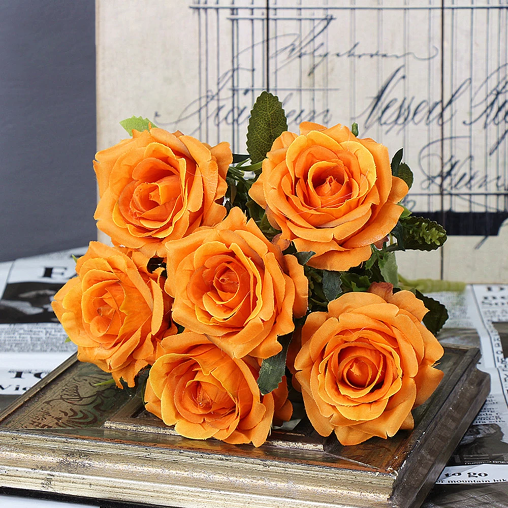 6 шт. розы белого цвета шампанского искусственные цветы из шелка Свадебные букеты