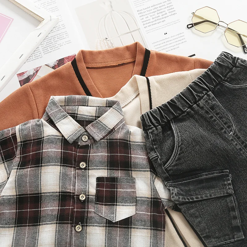 

MudiPanda Baby Boy Clothes Knitted Sweater Autumn Kids Clothing British Style Cardigan Jacket + Plaid Shirt + Jeans Suit 3pcs