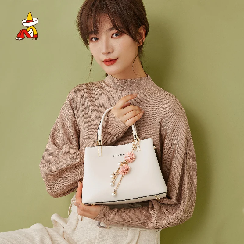 

Mexican Handbag For Women 2021 New Luxury Brand Handbags White Large Capacity Tote Bag Flowers Pearl Decor Ladies Crossbody Bags
