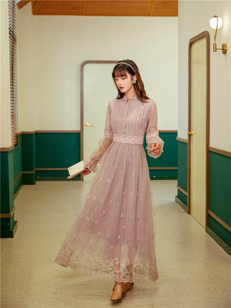 2021 Spring Embroidery Party Dress Lace Long Women Vintage Lady Full Sleeve Evening Elegant Mid-Calf | Женская одежда