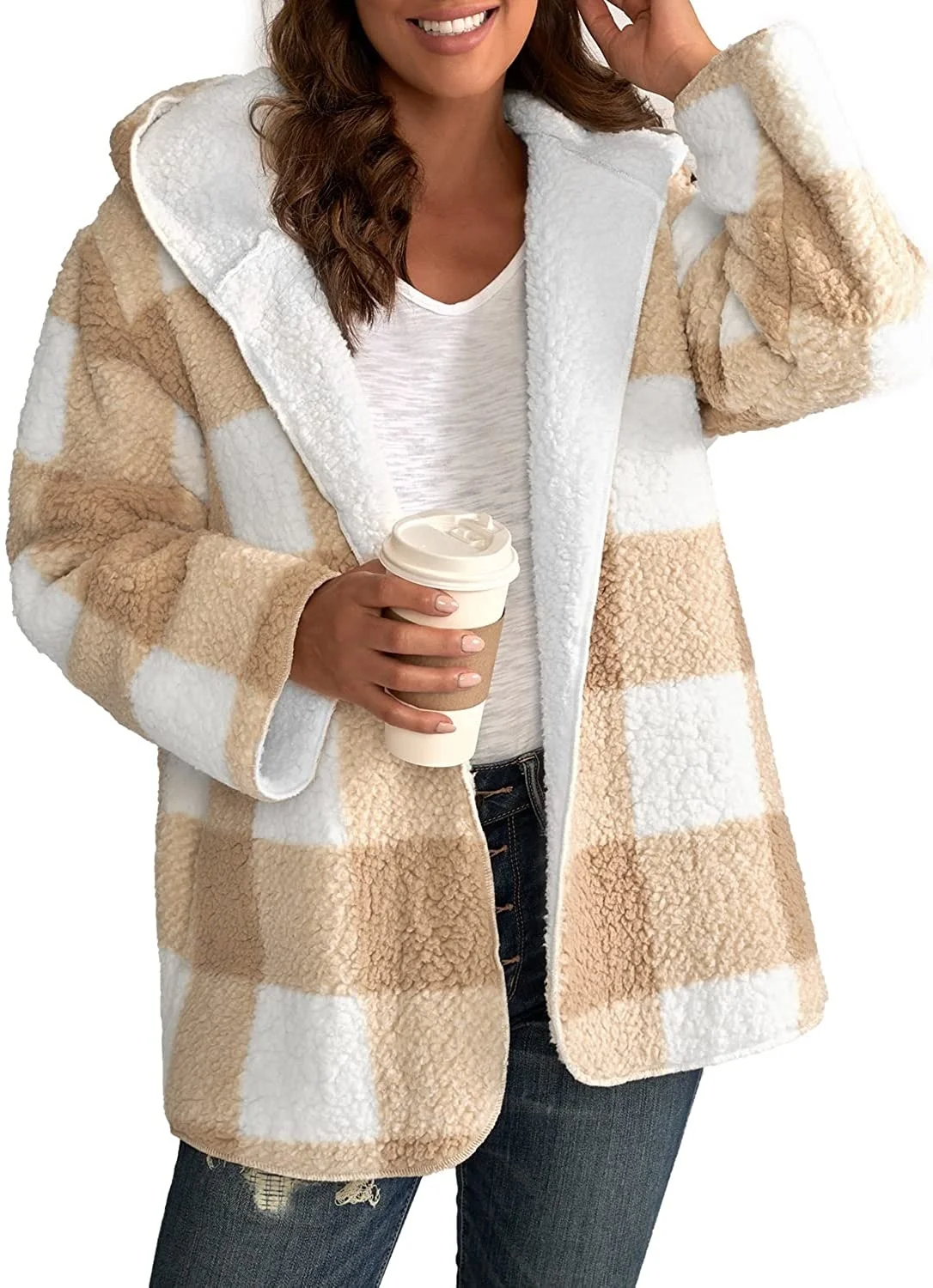 

2021reachme Womens Oversized Sherpa Jacket Fuzzy Fleece Teddy Coat with Pockets Open Front Hooded Cardigan
