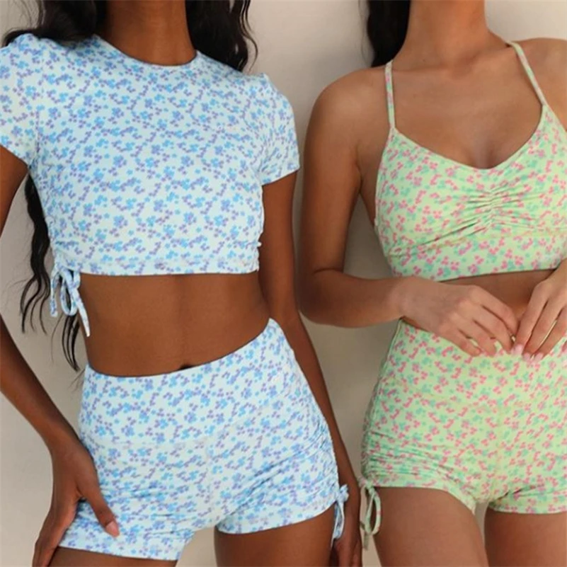 

Floral Print Yoga Set Exercise Short sleeve Shirts Sexy Gym Clothing Sweat Sport Workout Running Fitness Suit Outfits Sportswear