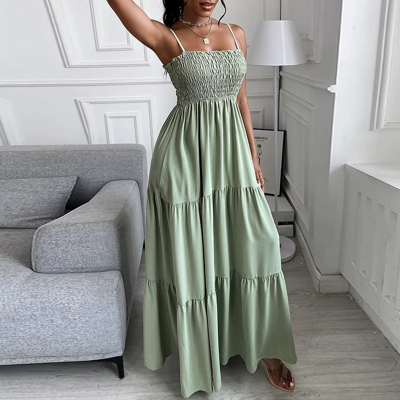 

Elegant Ruffle Women Square Collar Casual Dress Summer Sexy Sleeveless Holiday Loose Waist Dress Femme Solid Camisole Maxi Dress