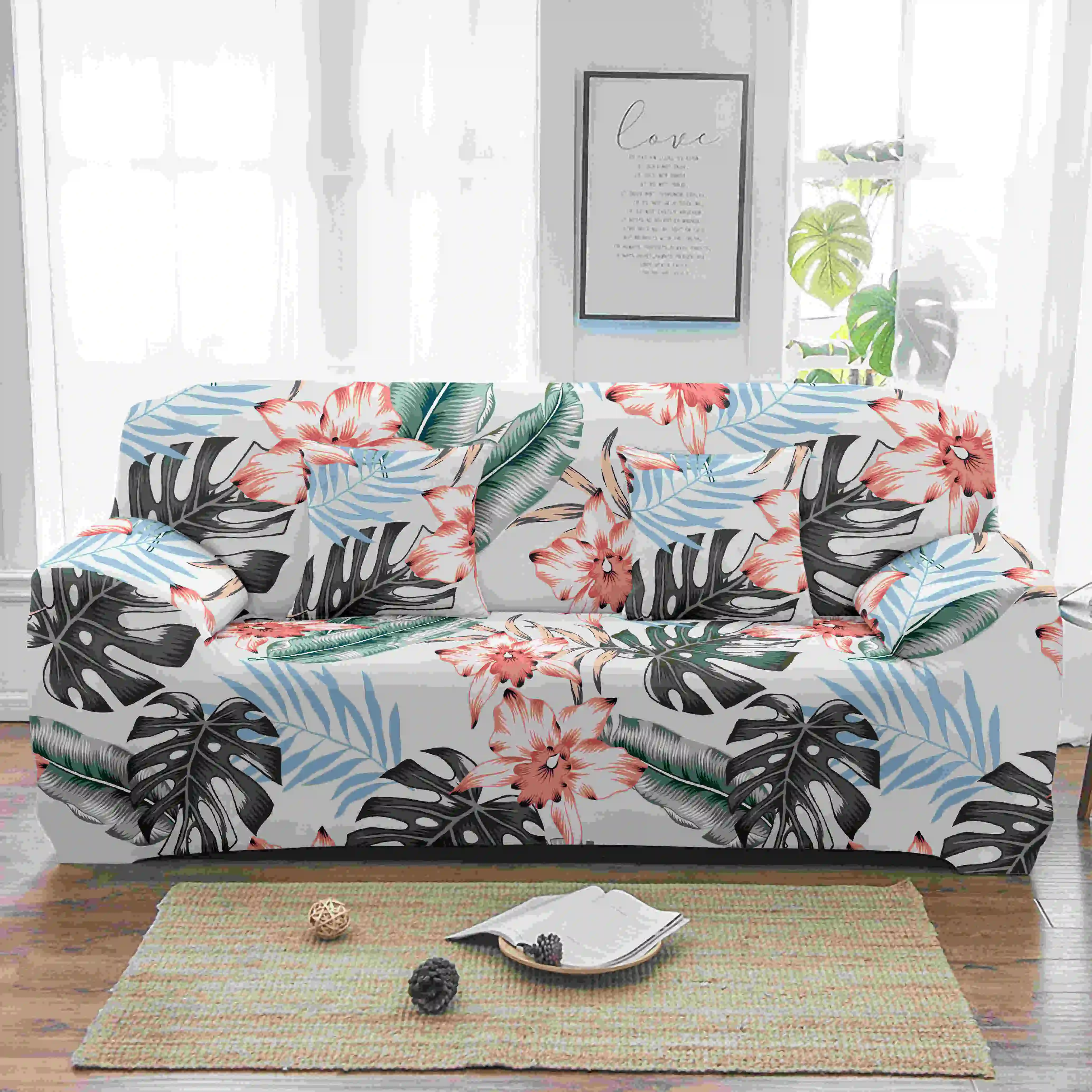 Homesky Tropical Leaves Elastic Sofa Cover for Living Room Flower Slipcover Stretch Armchair 1/2/3/4-seater | Дом и сад