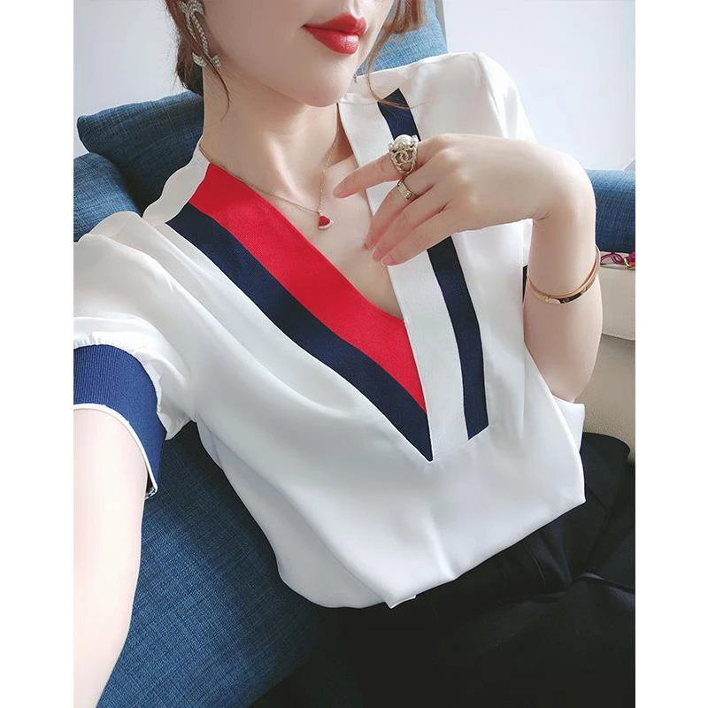 Women's Spring Summer Style Chiffon Blouses Shirt Elegant V-Neck Patchwork Korean Casual Tops DD9031 | Женская одежда