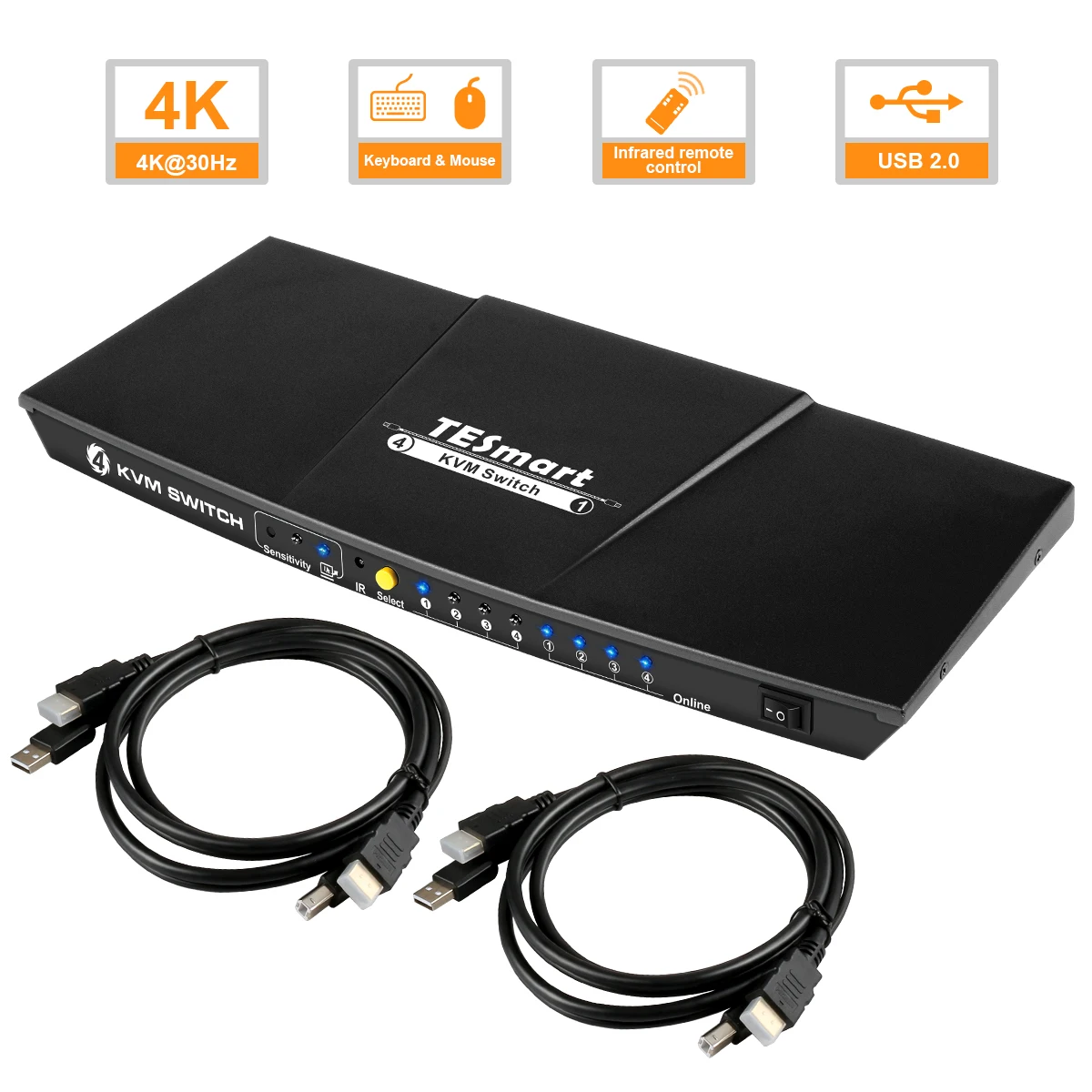 HDMI KVM Switch 4x1 KVM Switch HDMI Support 3840*2160/4K*2K Extra USB 2.0 Port with 2 Pcs 5ft KVM Cables