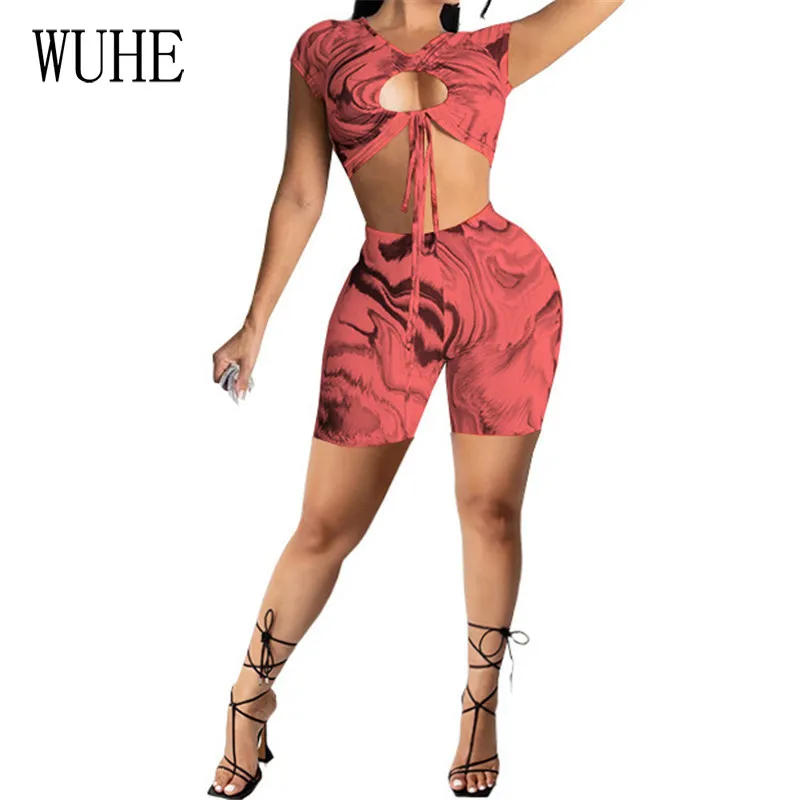 

WUHE Nightclub Sexy Two Piece Suits Print Hollow Out V Neck Short Sleeve Lace Up Top Slim Pants Party Casual Streetwear Outfits
