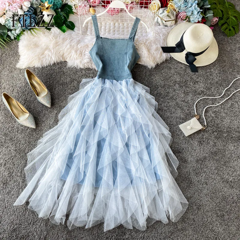 Новинка 2020 летнее платье модное корейское неравномерное Сетчатое лоскутное