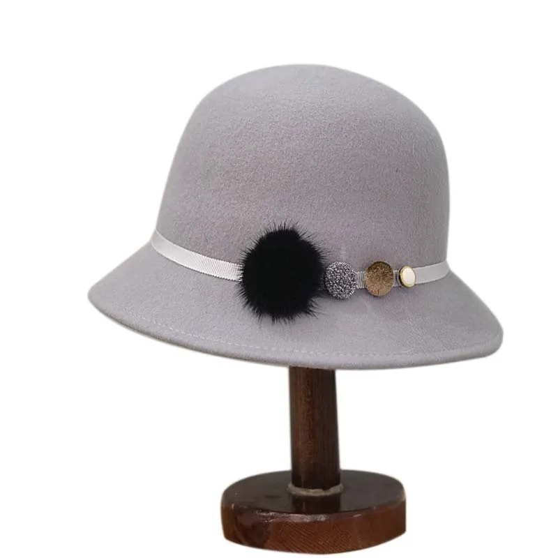 

Winter Black Hats For Women Fedora Large Brim Wool Hat Felt Cloche Hat Ladies Wide Vintage Church Hairball Round Top Hats