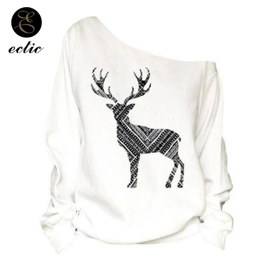 На Одно Плечо Свитшот Спортивная Кофта Рождества Косая Шея Олень Принт Худи