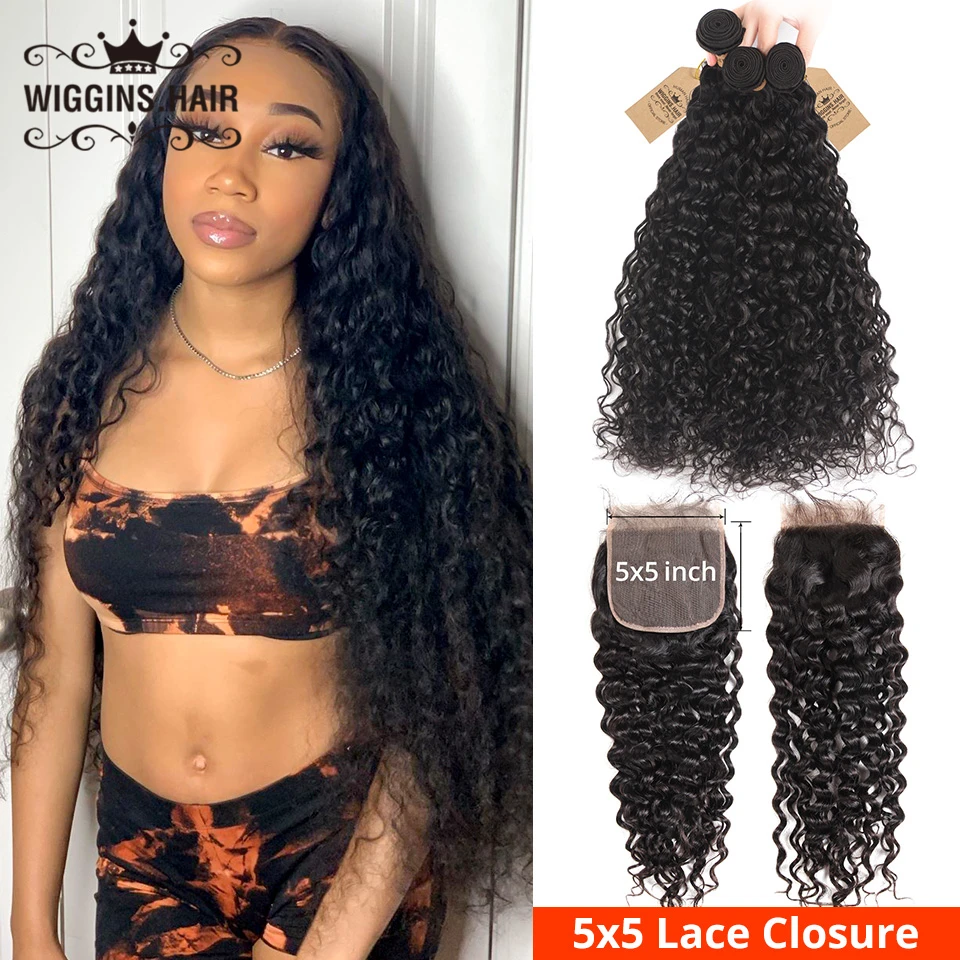 Волнистые пучки воды с 5x5 замыканием Wiggins из перуанских волос человека 3 натуральный реми швейцарский кружевной.