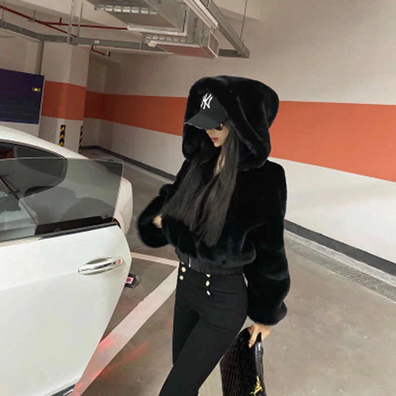 

Faux Fur Coat Long-Sleeved Padded Clothes Short Fashion Street Style Clothes 2021 New Casual Hooded Outerwear