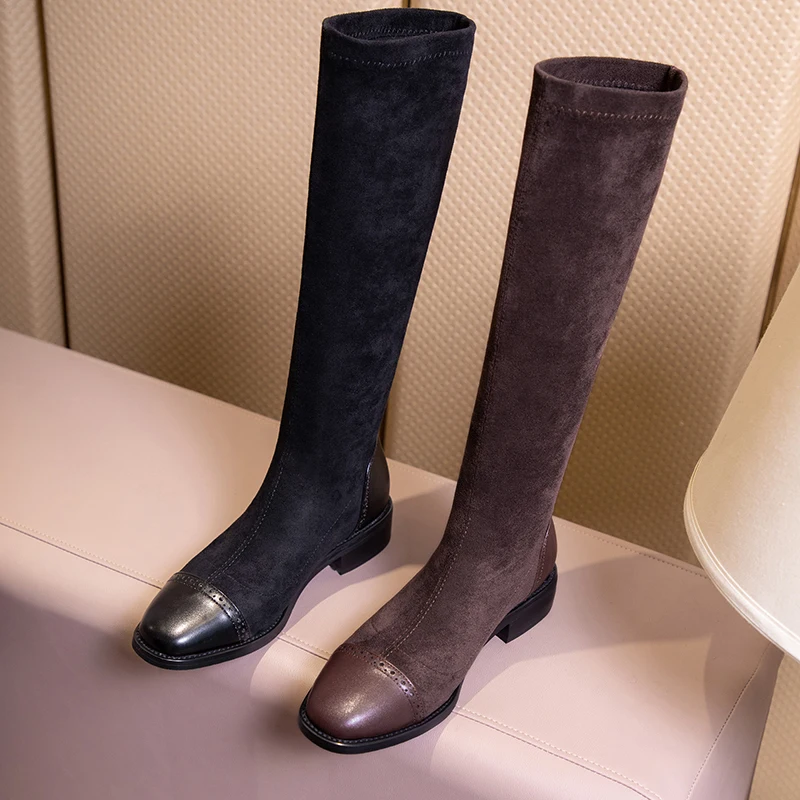 

Square-Toe Oversized Flock Stitching Microfiber Women's Boots Square-Heel Color-Blocking Stitching Brown Knee-Length Boots
