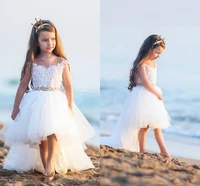 new arrival 2021 beach high low tulle flower girls dresses for weddings sheer capped sleeves lace applique beaded sash communion