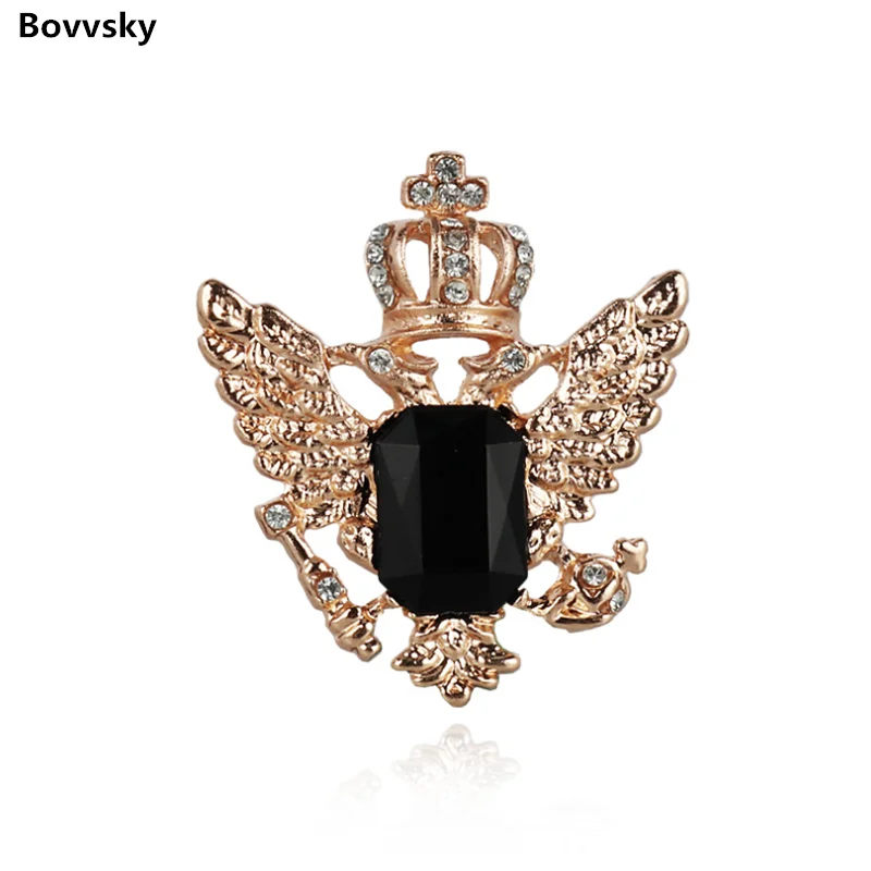 Crystal crown men brooch small suit double-headed eagle wings Fashion male corsage crystal chain tassel badge pin | Украшения и