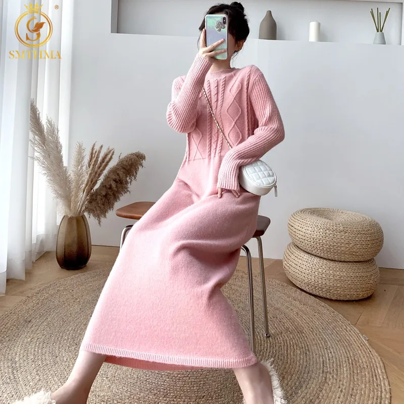 

SMTHMA Women New Winter Loose Long Dresses 2021 Solid O Neck Knitted Sweater Dress Female Long Sleeve Casual Dress Robe Femme