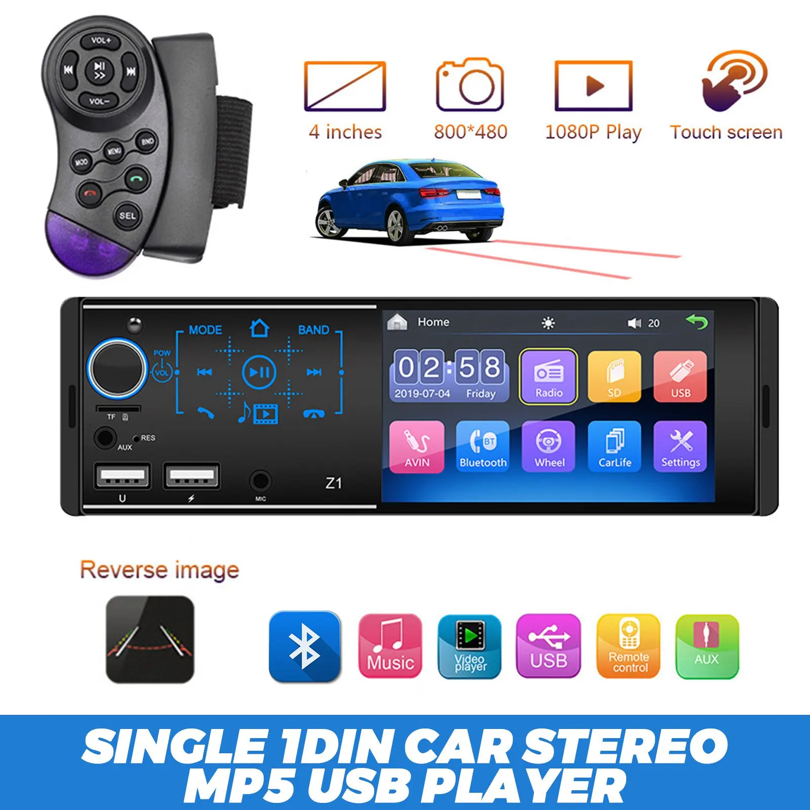 

4.1'' Single 1DIN Car Stereo MP5 USB Player Bluetooth FM Radio USB AUX + Camera Mirror Link Steering Wheel Control