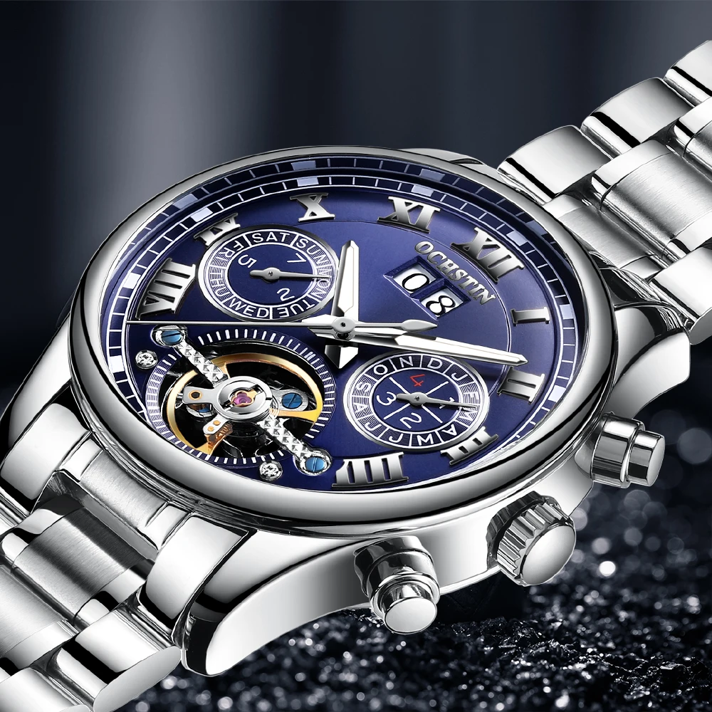 Часы мужские механические водонепроницаемые с римскими цифрами и турбийоном |