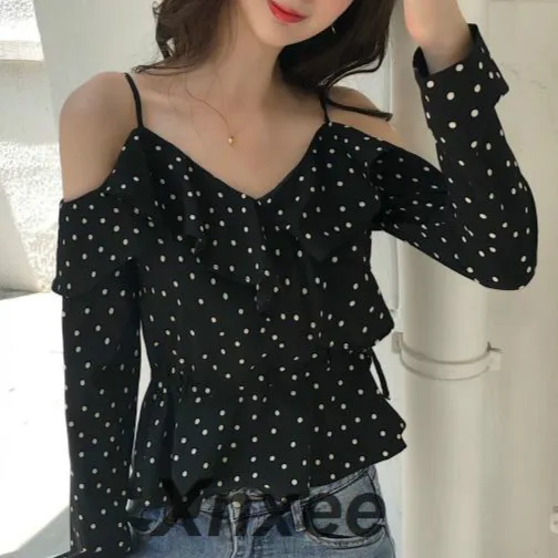 

Sexy Off Shoulder Top Fashion Woman Blouses 2019 Long Sleeve Shirt Women Print Dot Chiffon Blouse Shirt Ladies Tops Blusas Xnxee