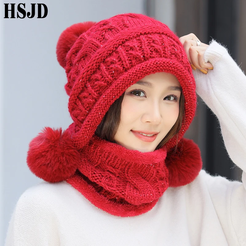 Зимние шапки для женщин с блестками вязанные шарф и шапка милые теплые тремя