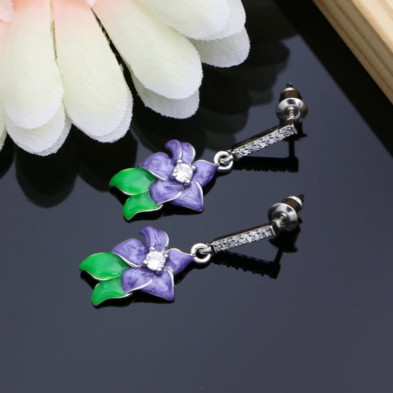 Женский комплект украшений из серебра 925 пробы с зелеными листьями и фиолетовыми