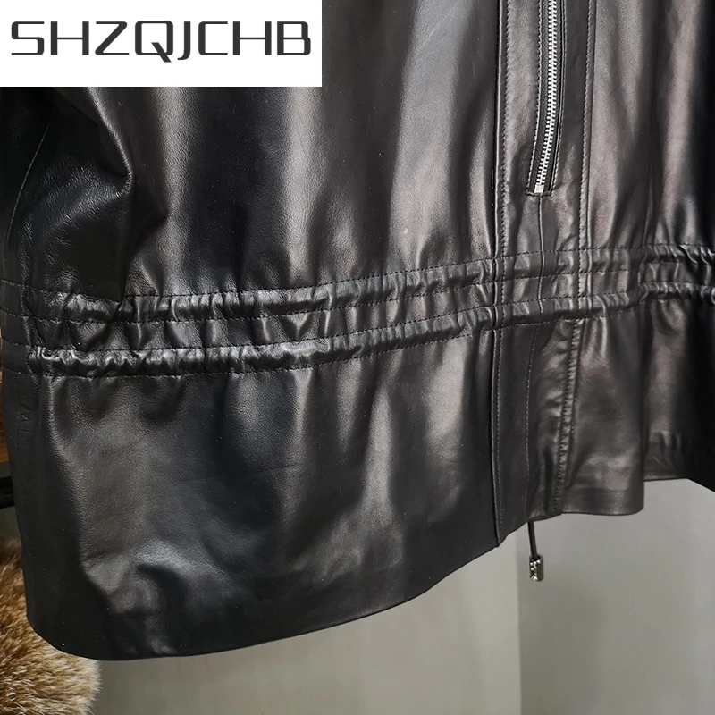 

JCHB 2021 Luxury Black Genuine Leather Jacket Women Streetwear Spring Autumn Loose Zipper Pocket Sheepskin Coats Fashion Motorcy