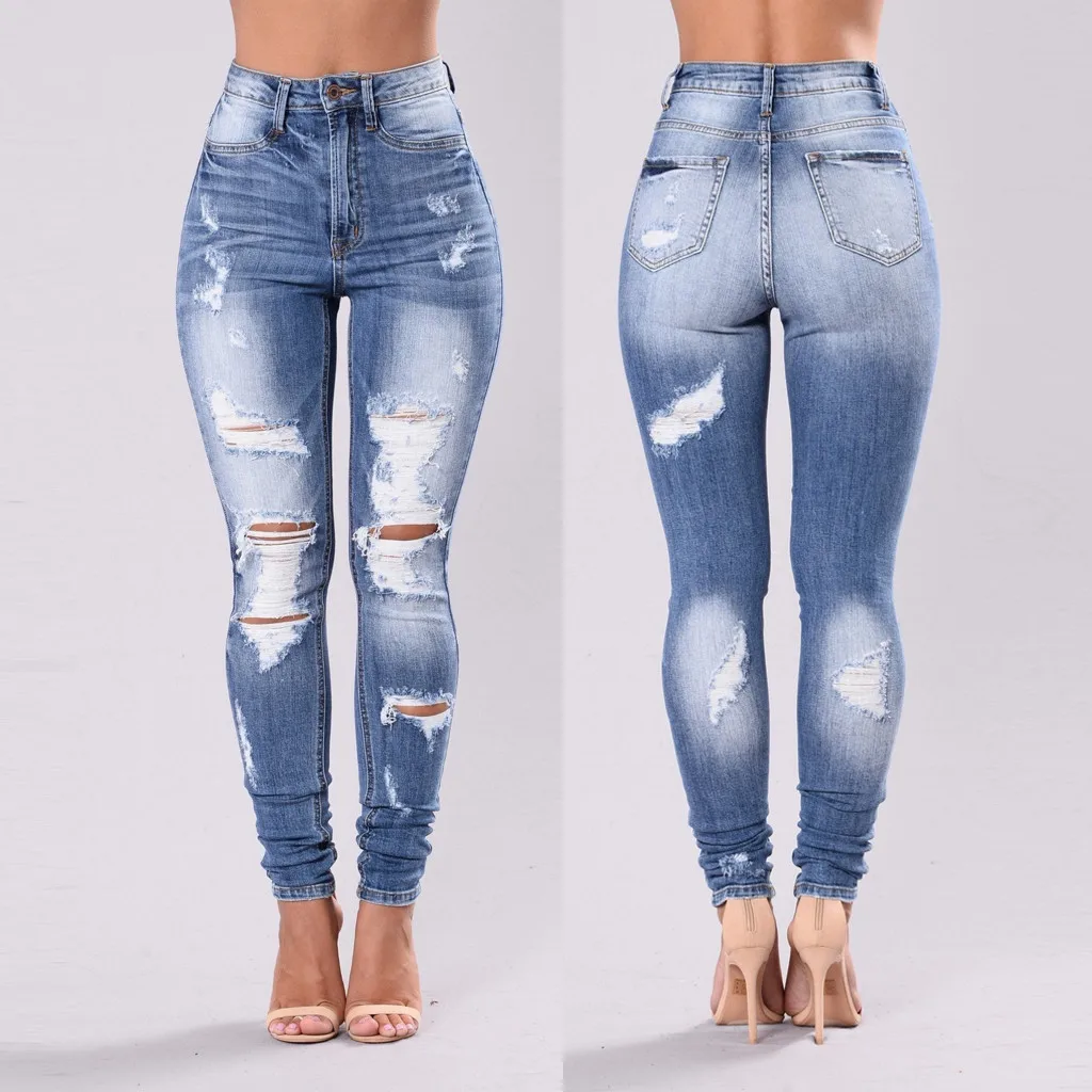 

Women's Pure Color Hole No Bomb Pants Cultivate Oneself Nine-cent Jeans Plus Size High Waist Elastic Pockets Boyfriend Jeans
