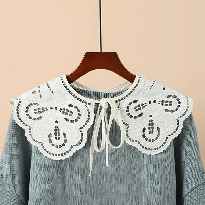 

Women Vintage Hollow Out Fake Collar Shawl for Dress Embroidery Gourd Shape Pattern Lace Necklace Lace-Up Dickey Poncho