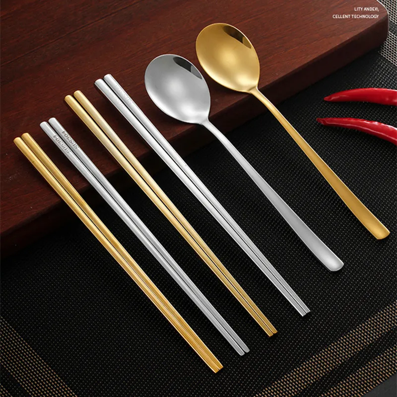 

304 Stainless Steel Chinese Chopsticks Flat Square Sushi Fast Food Noodles Sticks Golden Silver Dessert Coffee Spoon Tableware