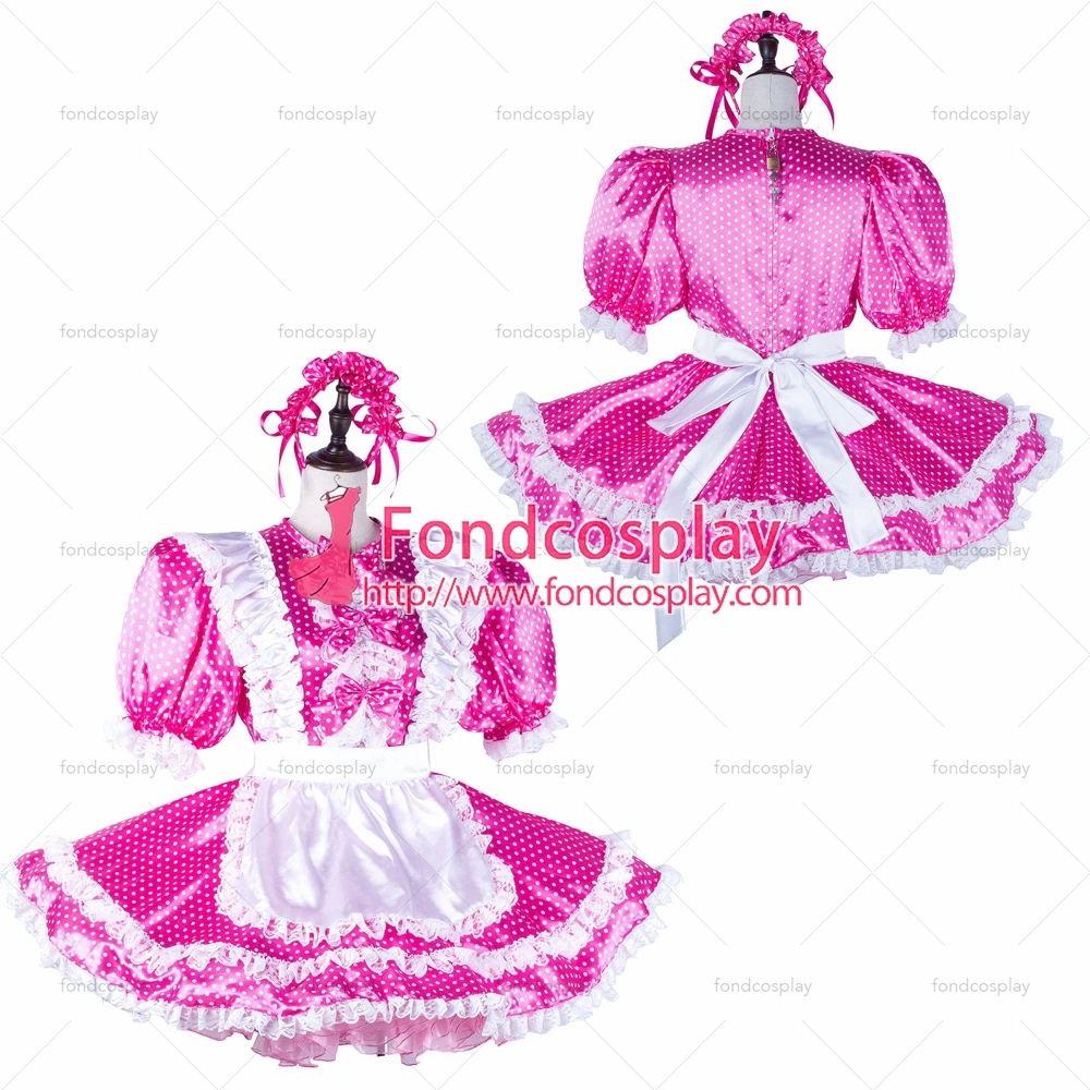 

fondcosplay adult sexy cross dressing sissy maid hot pink Dots satin dress lockable Uniform white apron Tailor-made[G2227]