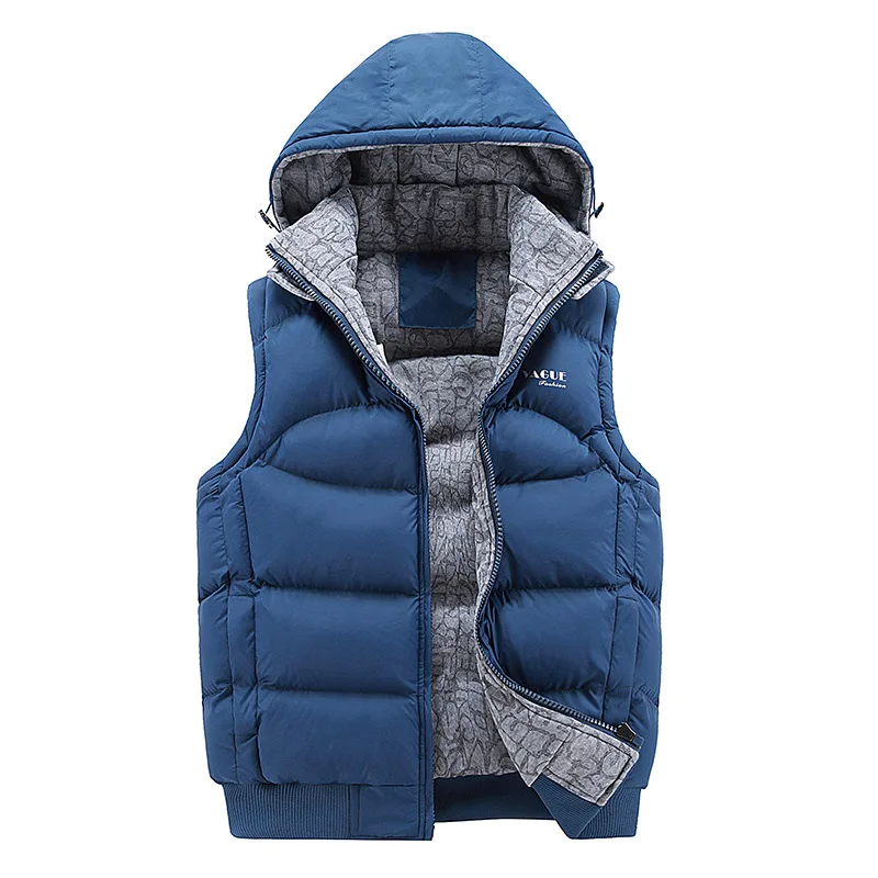 Men's thick cotton jacket with detachable cap down padded plus size vest blue, black M,L,XL,2XL,3XL